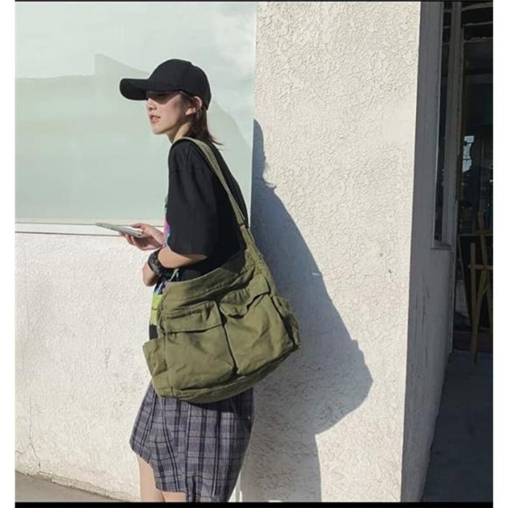 Large Messenger Bag Canvas Crossbody Shoulder Tote With Multiple Pockets - Picture 4 of 6